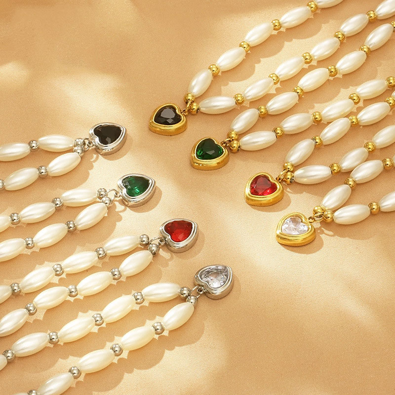 Fashion 1# Pearl Beaded Diamond Love Necklace