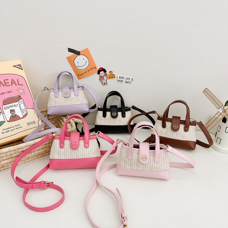 Fashion Pink Pu Straw Large Capacity Children's Crossbody Bag
