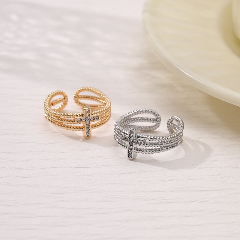 Anillo Abierto De Aleación Con Cruz De Diamantes