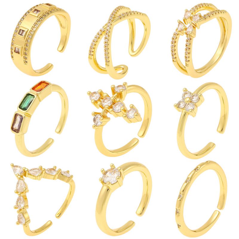 Anillo Abierto Geométrico De Cobre Bañado En Oro Con Diamantes