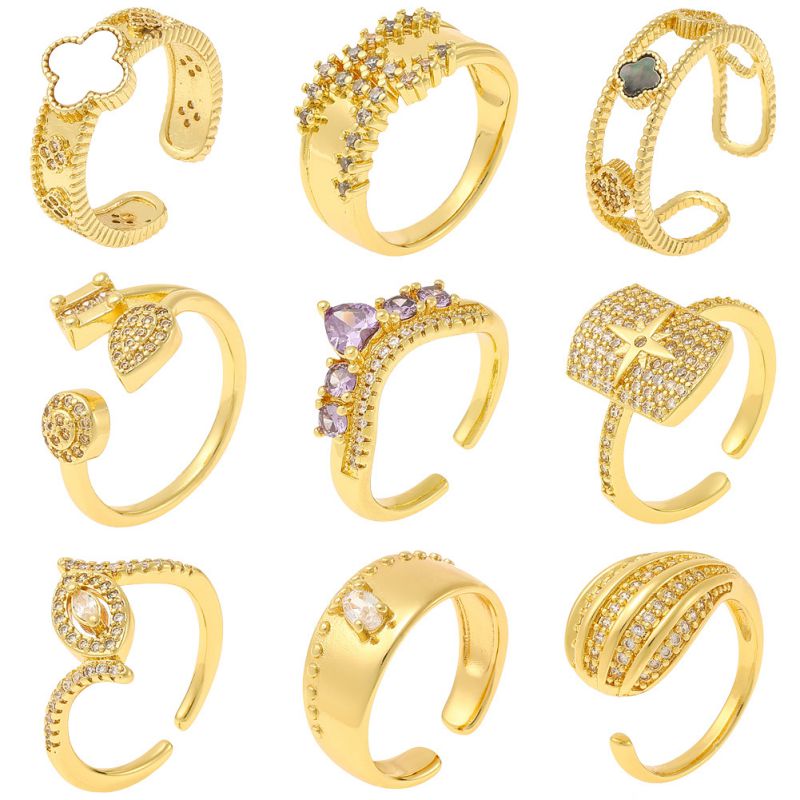 Anillo Abierto Geométrico De Cobre Bañado En Oro Con Diamantes