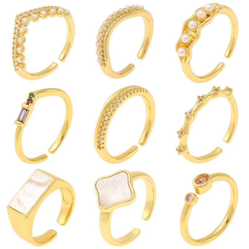 Anillo Abierto Geométrico De Cobre Bañado En Oro Con Diamantes