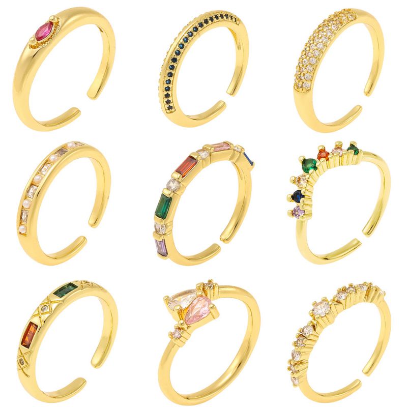 Anillo Abierto Geométrico De Cobre Bañado En Oro Con Diamantes