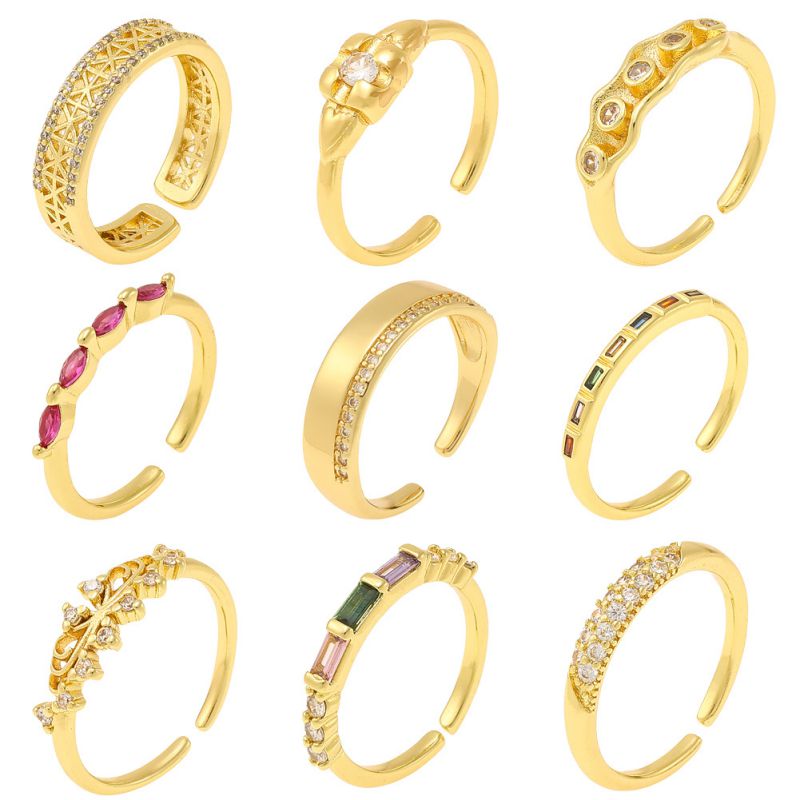 Anillo Abierto Geométrico De Cobre Bañado En Oro Con Diamantes