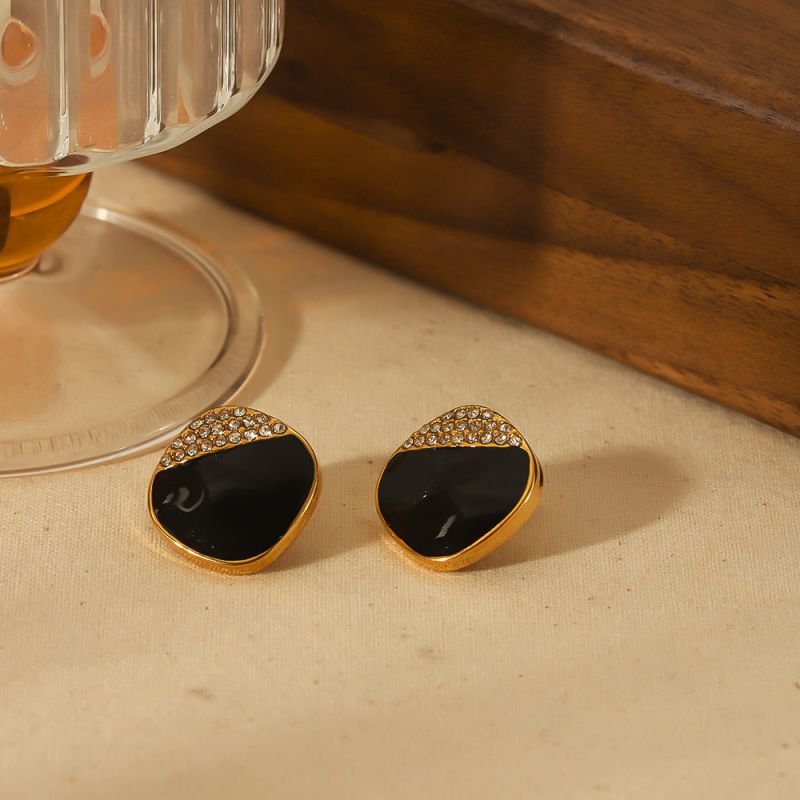 Fashion Black Stainless Steel Diamond-drip Geometric Stud Earrings