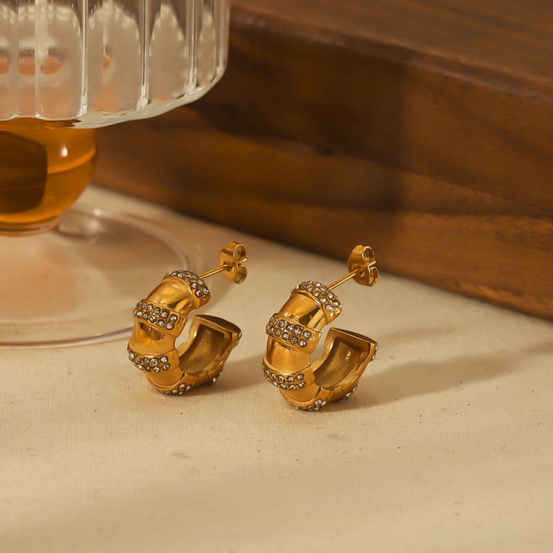 Fashion Gold Titanium Steel Diamond C-shaped Earrings