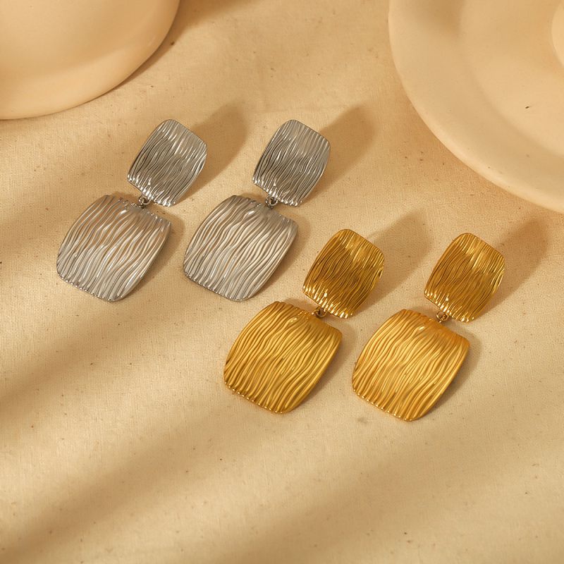 Fashion Gold Stainless Steel Square Striped Earrings