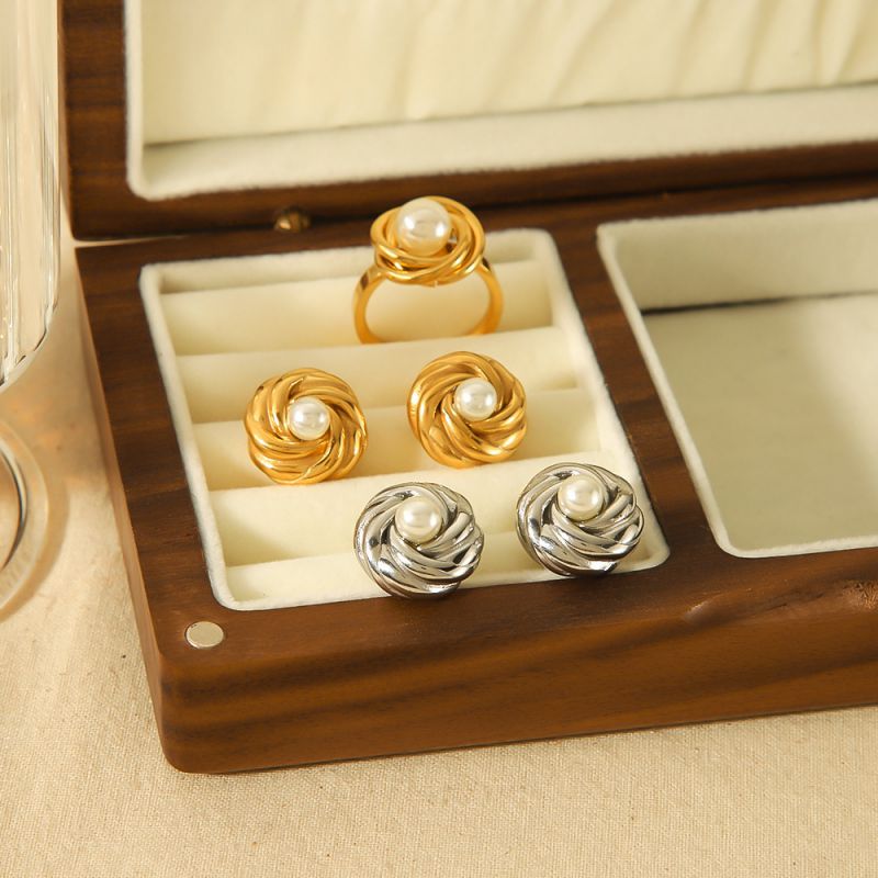 Fashion Gold Stainless Steel Twisted Pearl Stud Earrings