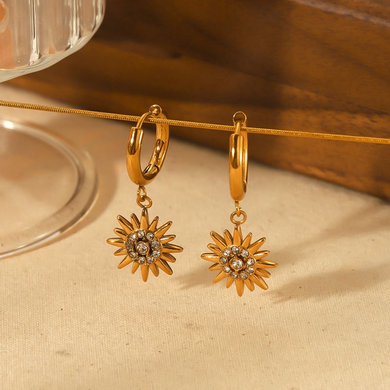Fashion Gold Stainless Steel Diamond Sun Hoop Earrings