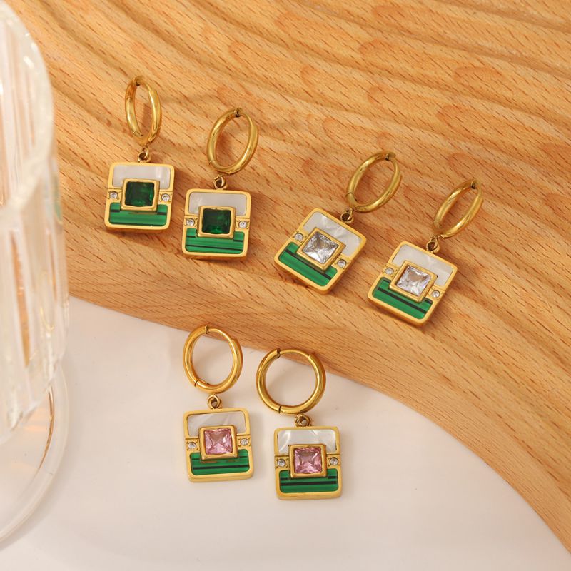 Fashion White Stainless Steel Diamond Geometric Square Earrings