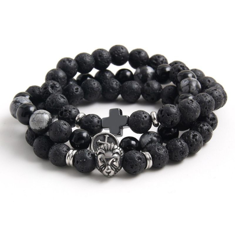 Pulsera De Hombre Con Cruz De Cuentas De Volcán