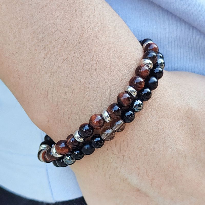 Fashion Gray Flash + Black Frosted Agate + Obsidian + Black Gallstone Red Tiger Eye Frosted Black Beaded Men's Bracelet