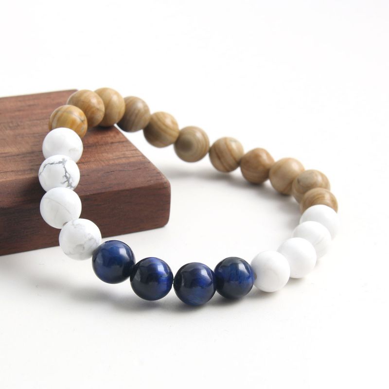 Fashion Blue Tiger Eye+white Turquoise+yellow Line Stone Contrast Color Beaded Men's Bracelet