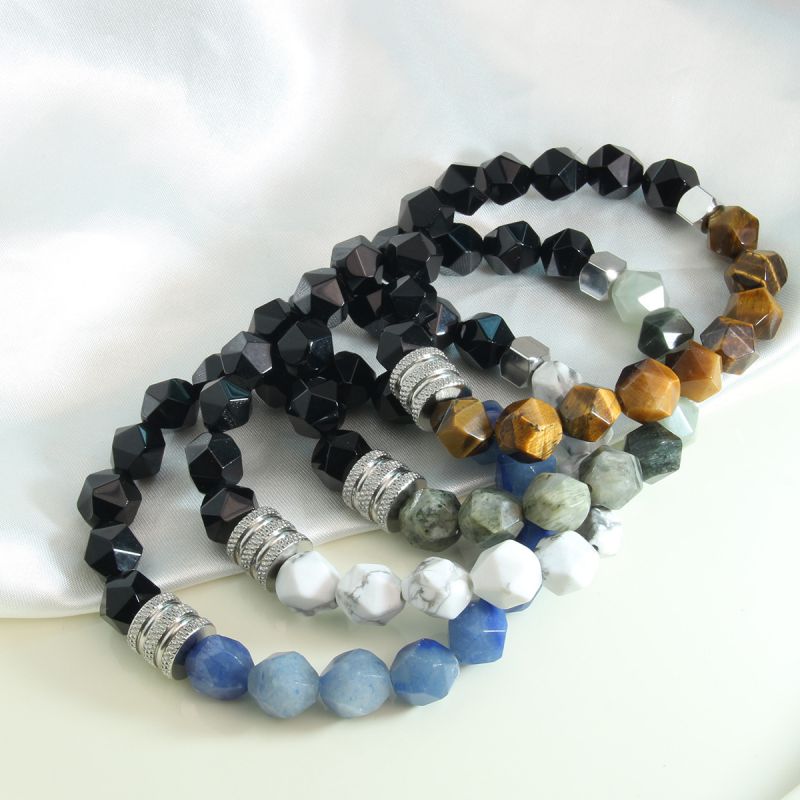 Fashion 5 Aquatic Agate + Obsidian Stainless Steel Faceted Beaded Men's Bracelet