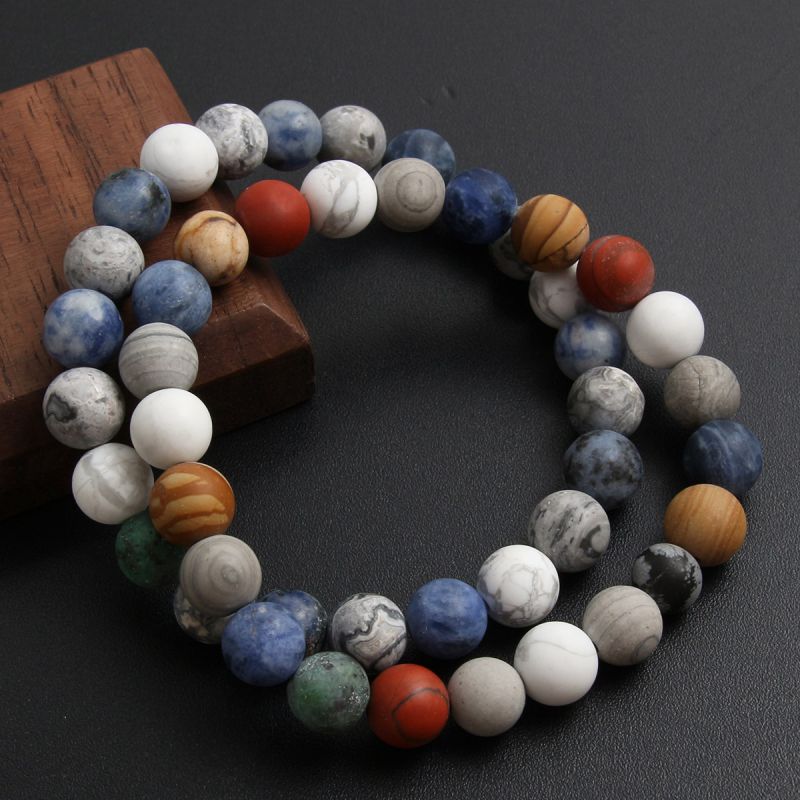 Fashion White Turquoise+african Pine+map Stone+blue Stone Geometric Beaded Men's Bracelet