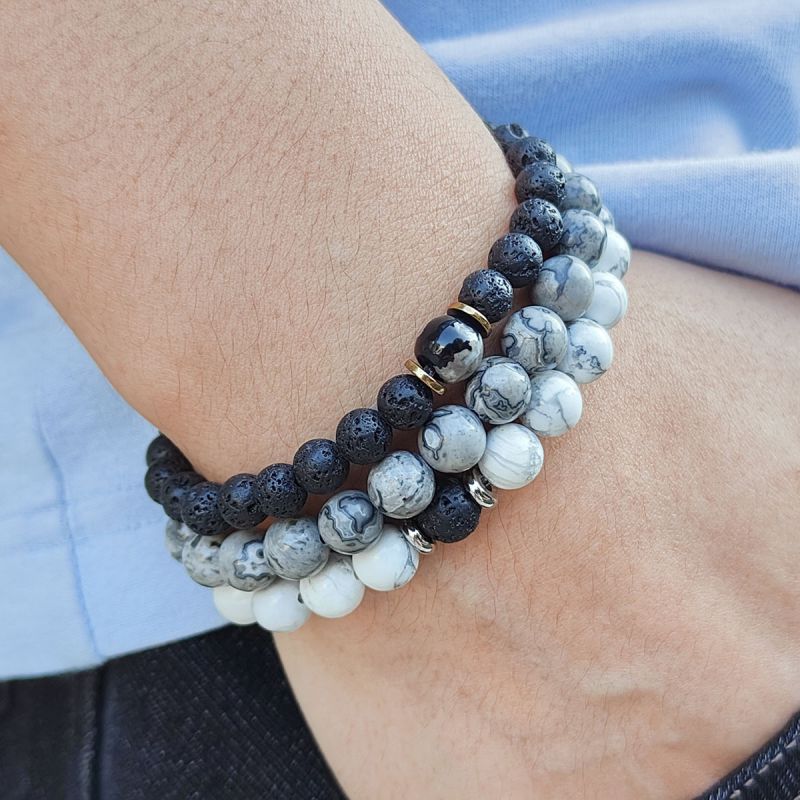 Fashion White Turquoise + Volcanic Stone Geometric Beaded Men's Bracelet
