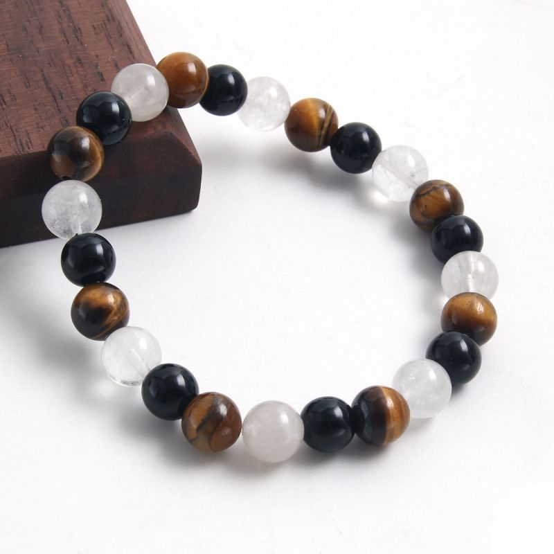 Fashion Yellow Tiger Eye+white Jade+obsidian Geometric Beaded Men's Bracelet