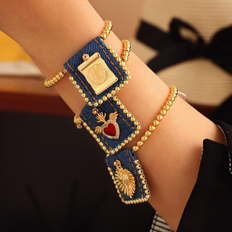 Fashion Golden 1 Copper Inlaid Zirconia Heart Square Denim Pendant Beaded Bracelet