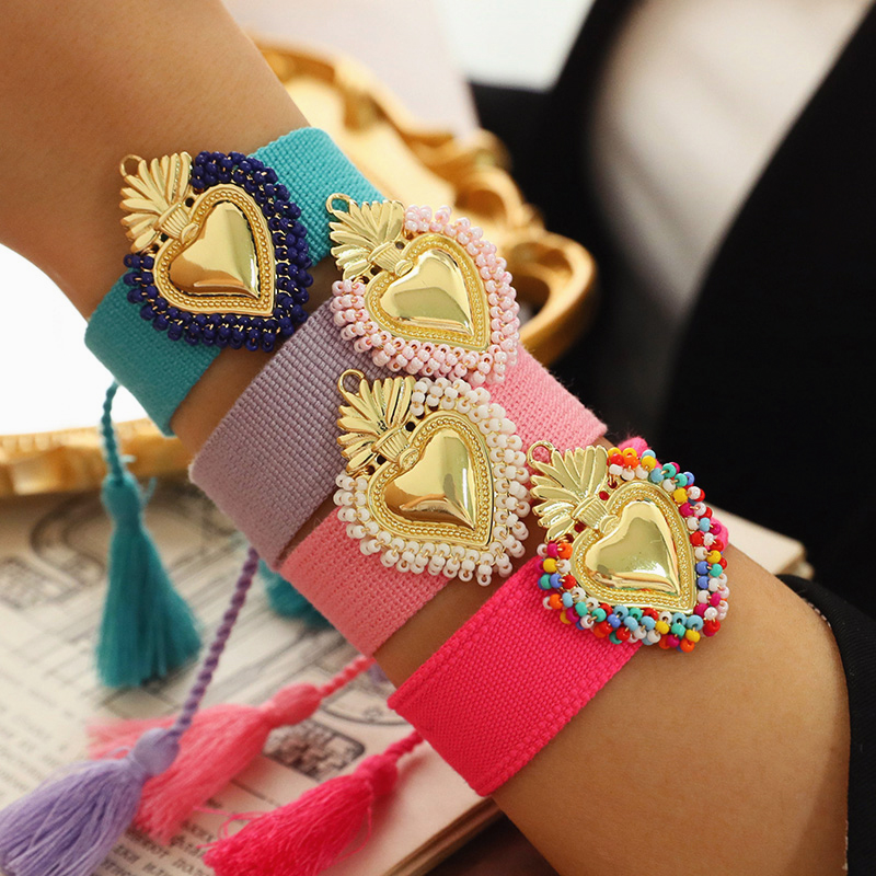 Pulsera De Borlas Trenzadas De Cobre Con Forma De Corazón Y Cuentas De Arroz