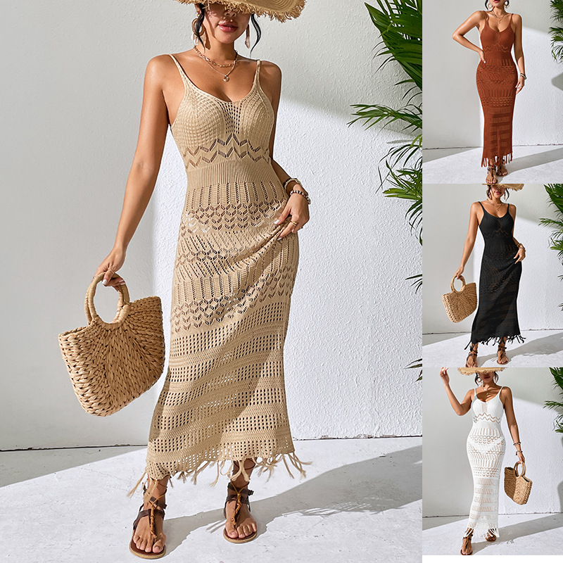 Fashion White Suspender Long Skirt Hollow Strap Knitted V-neck Overskirt