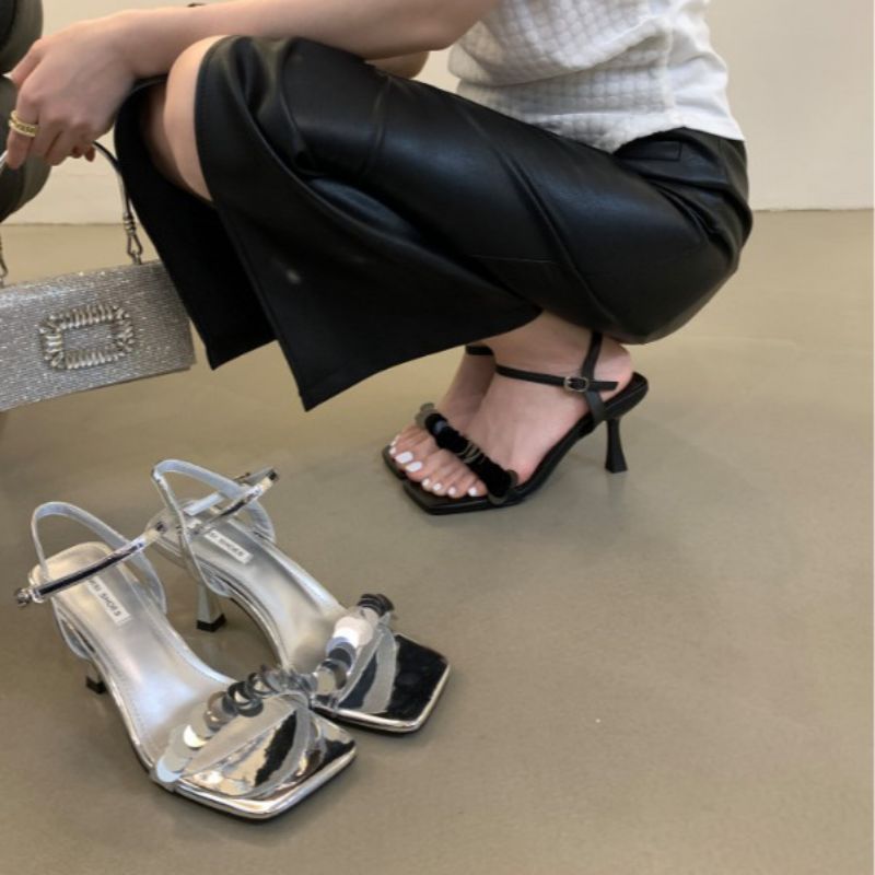 Fashion Black Sequin Open Toe Buckle High Heels