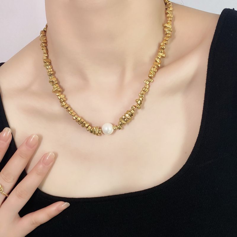 Fashion Gold Necklace Broken Silver Beaded Pearl Geometric Necklace