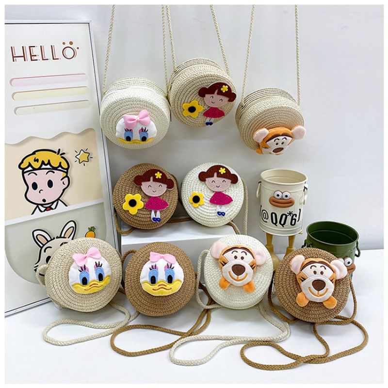 Fashion Little Girl Brown Cartoon Doll Straw Children's Crossbody Bag