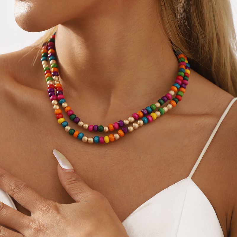 Fashion Color Geometric Beaded Double Necklace