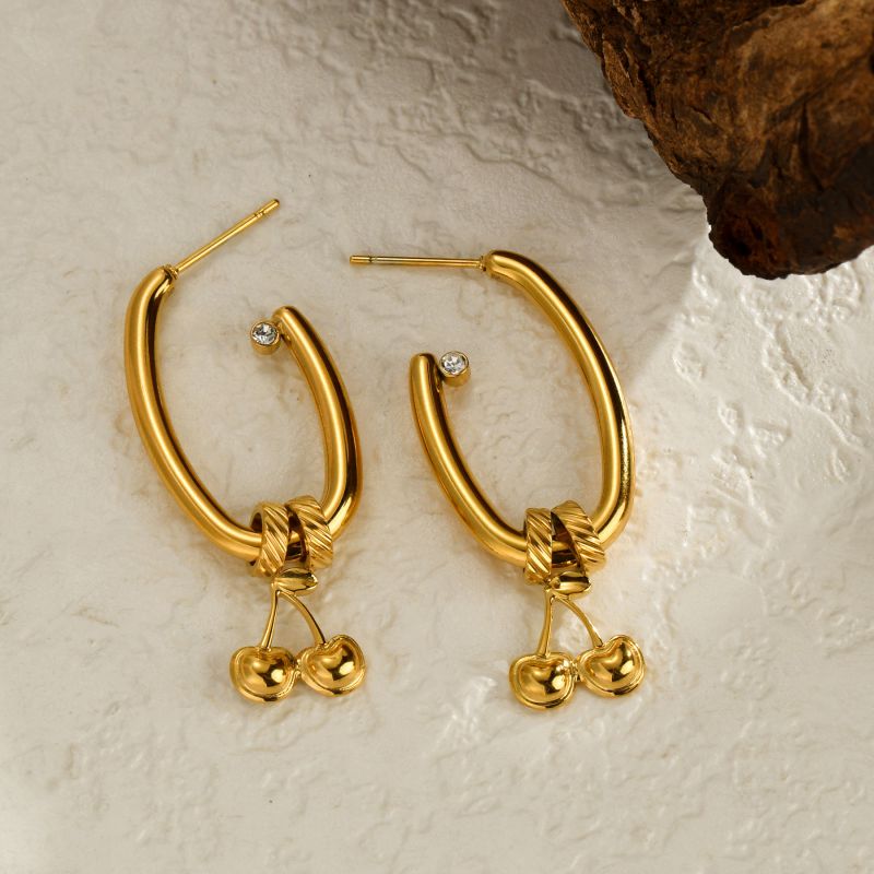 Pendientes De Aro De Acero Inoxidable Con Cerezas