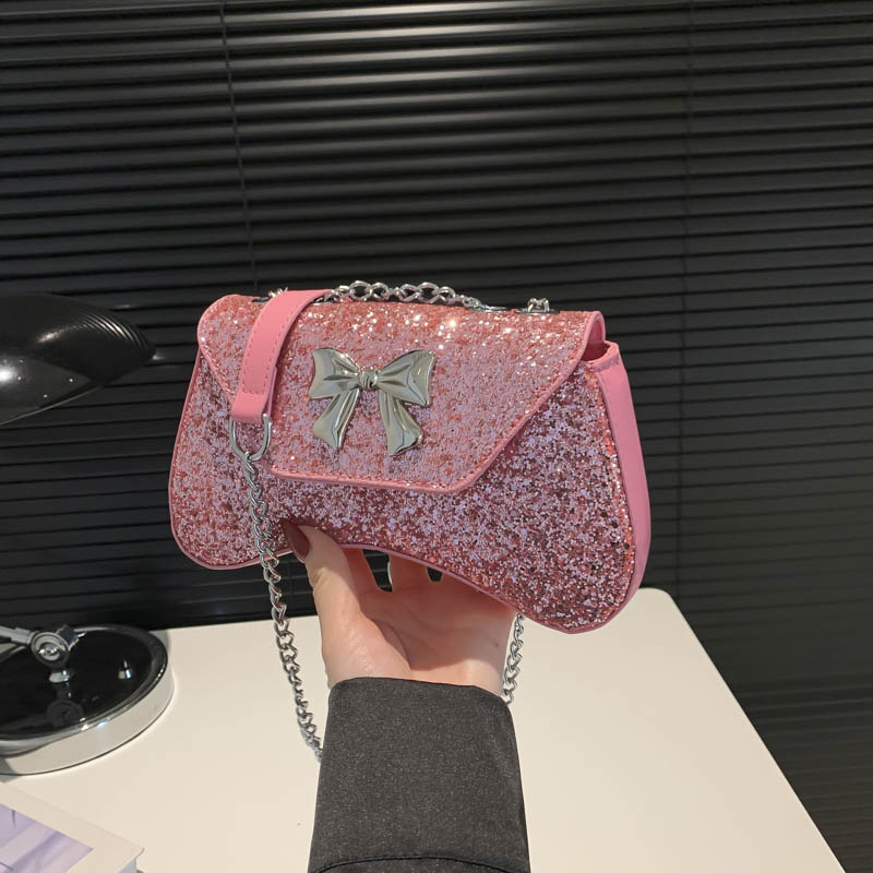 Fashion Pink Sequined Bow Flap Crossbody Bag
