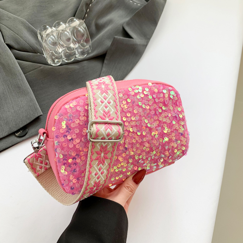 Fashion Black Sequin Wide Shoulder Strap Crossbody Bag