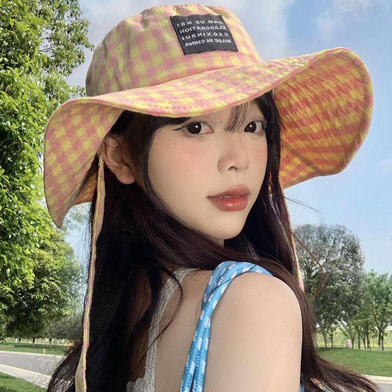 Fashion Yellow Peach Powder Grid Cotton Plaid Large Brim Bucket Hat