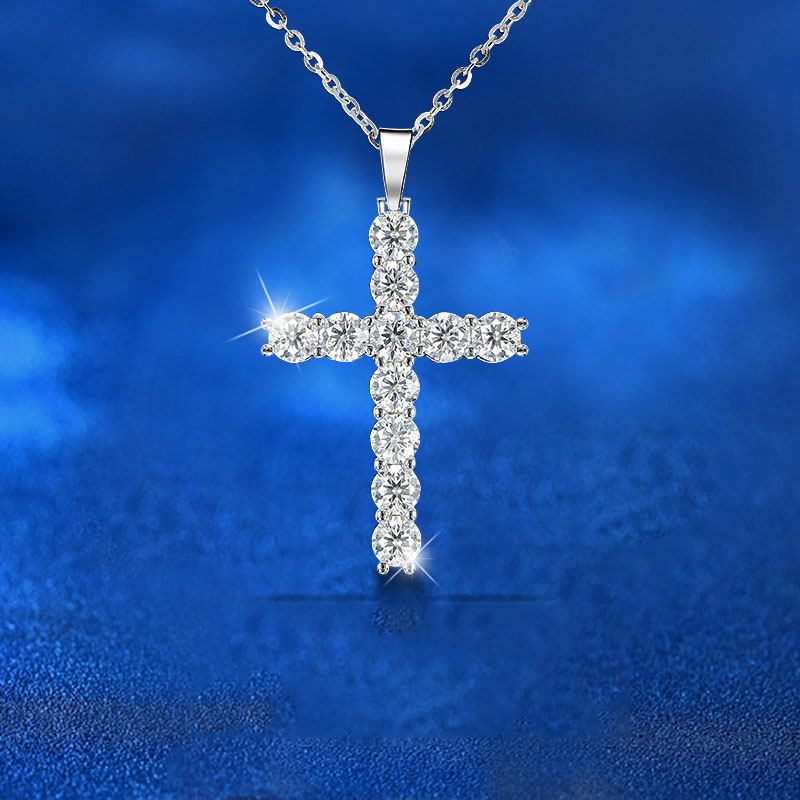 Fashion 10 Points Moissanite (white Gold) Silver And Diamond Cross Necklace
