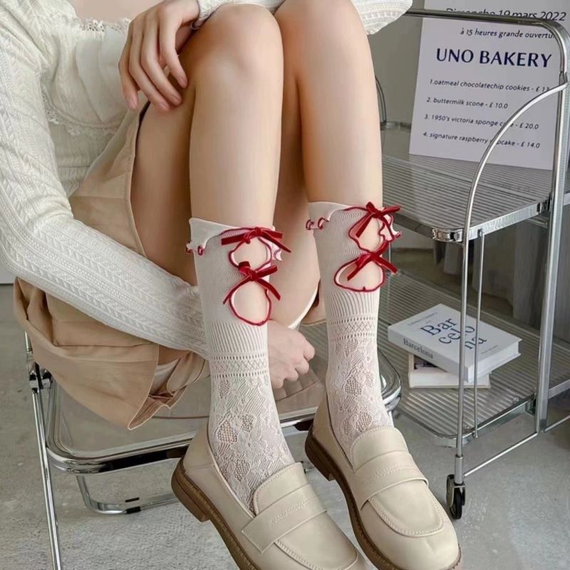 Calcetines Becerro Con Encaje Y Lazo De Nailon