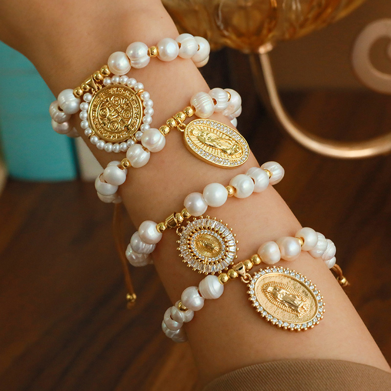 Pulsera Trenzada De Perlas Con Colgante De Figura Redonda De Circón Con Incrustaciones De Cobre