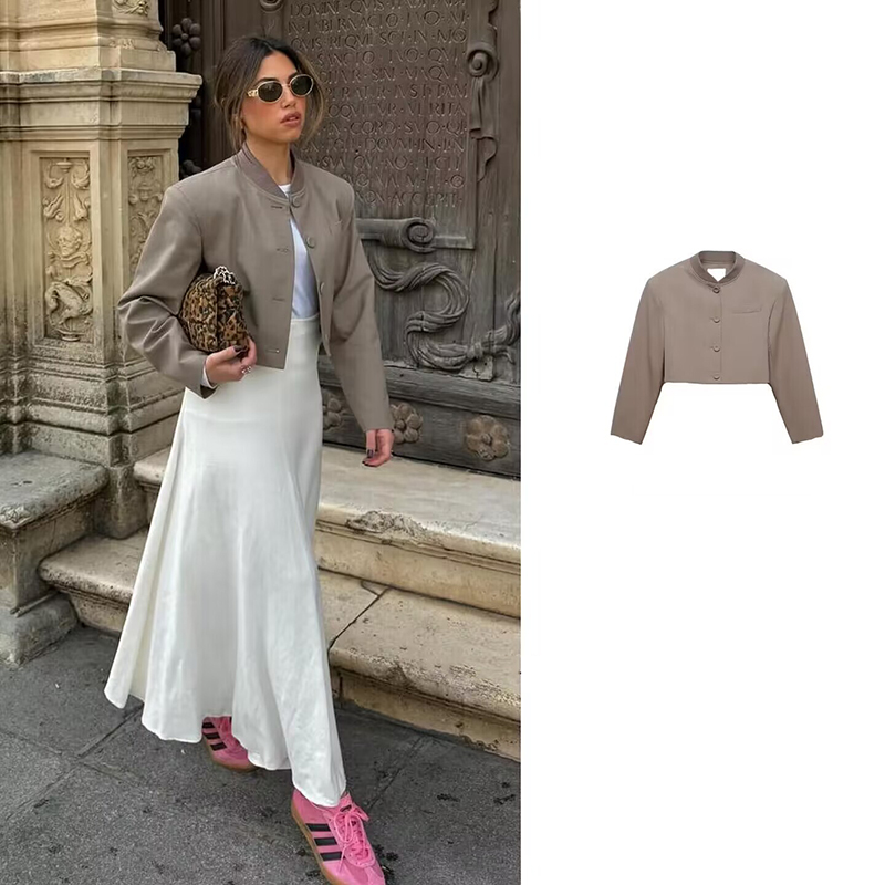 Fashion Grey Polyester Buttoned Stand Collar Jacket