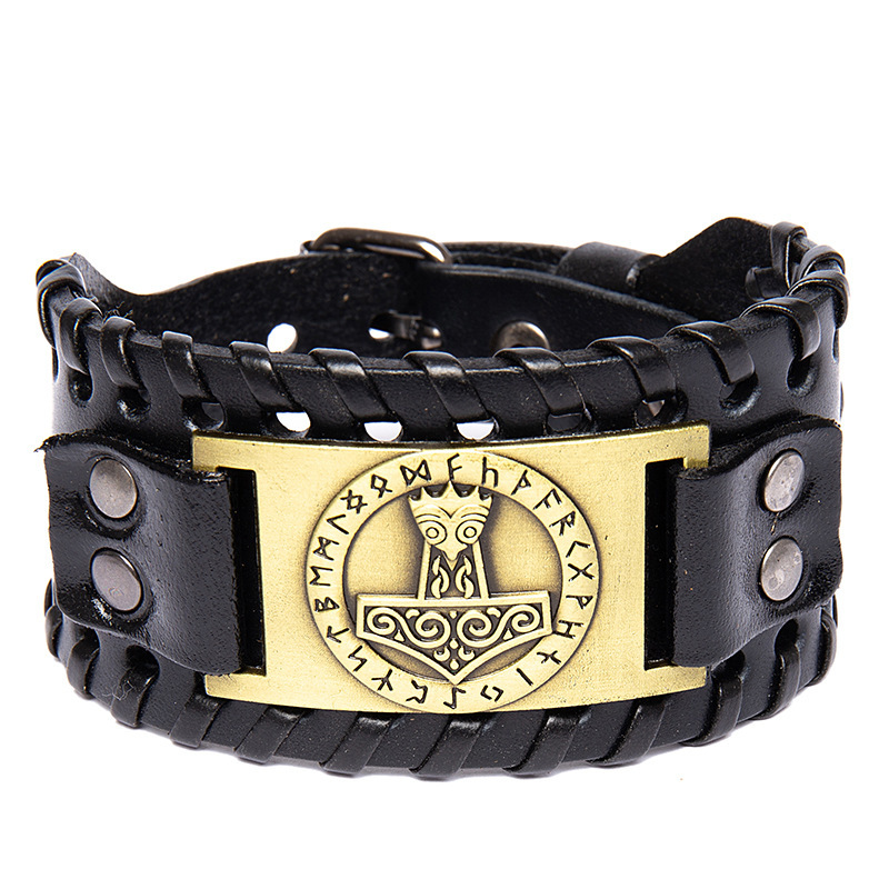 Fashion Silver Alloy Rune Wide Leather Men's Leather Bracelet