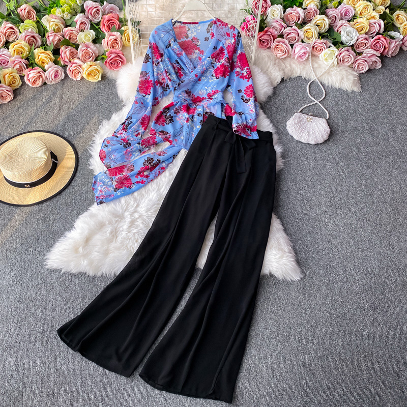 Traje Top Tirantes Cruzados Chenilla Estampada + Pantalón Ancho De Talle Alto