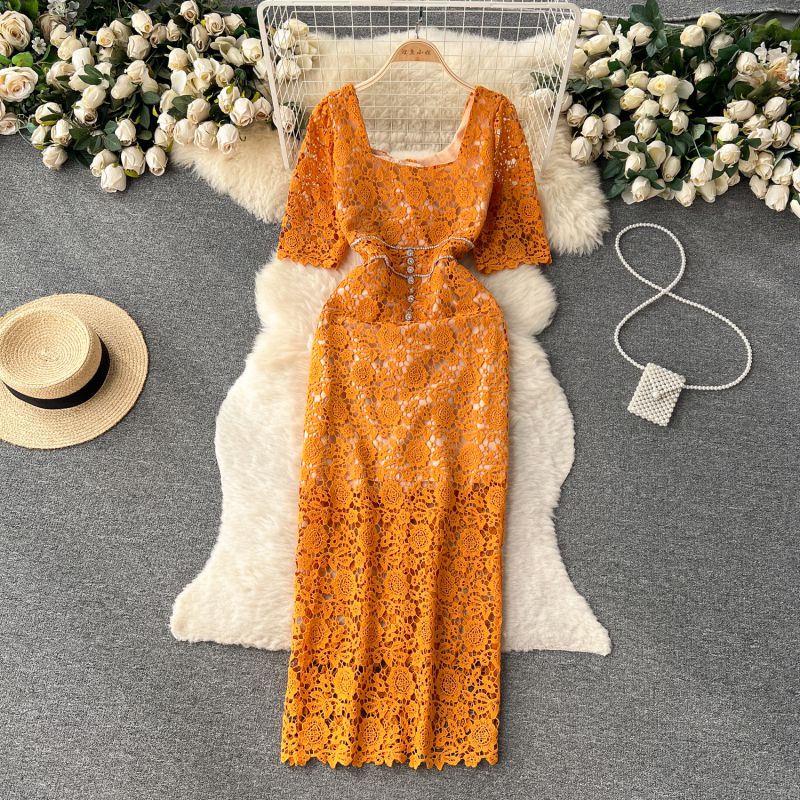 Falda Larga De Crochet Hueco Con Cuello Cuadrado