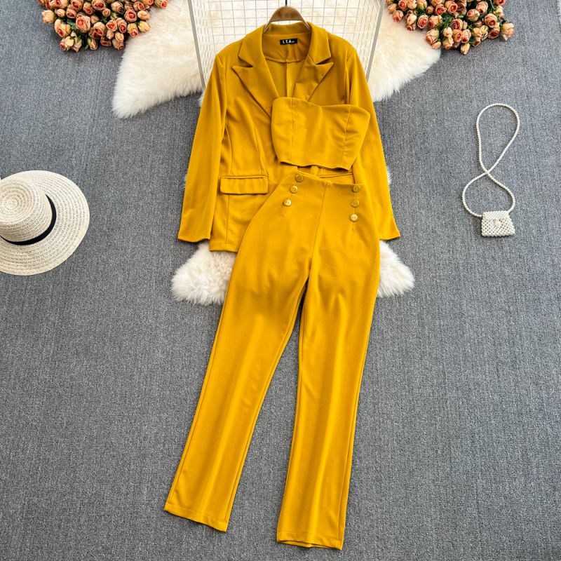 Top De Tubo De Color Liso + Pantalón De Cintura Alta + Chaqueta De Traje De Tres Piezas Con Bolsillos De Solapa