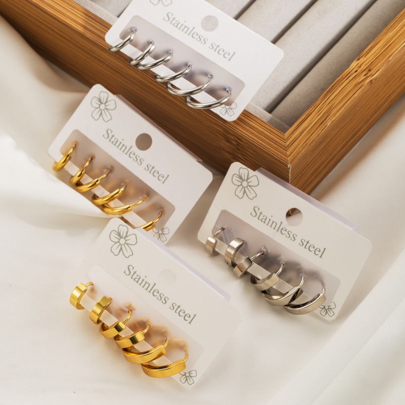 Fashion Thick Gold Circle Stainless Steel Round Earrings Set