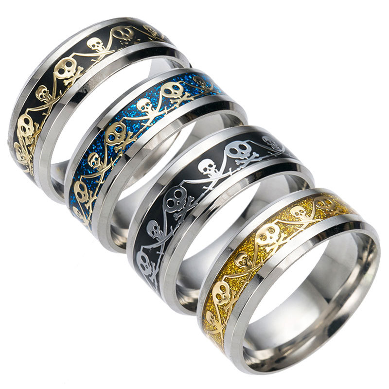 Fashion Gold Flakes On Black Background Stainless Steel Skull Print Round Ring