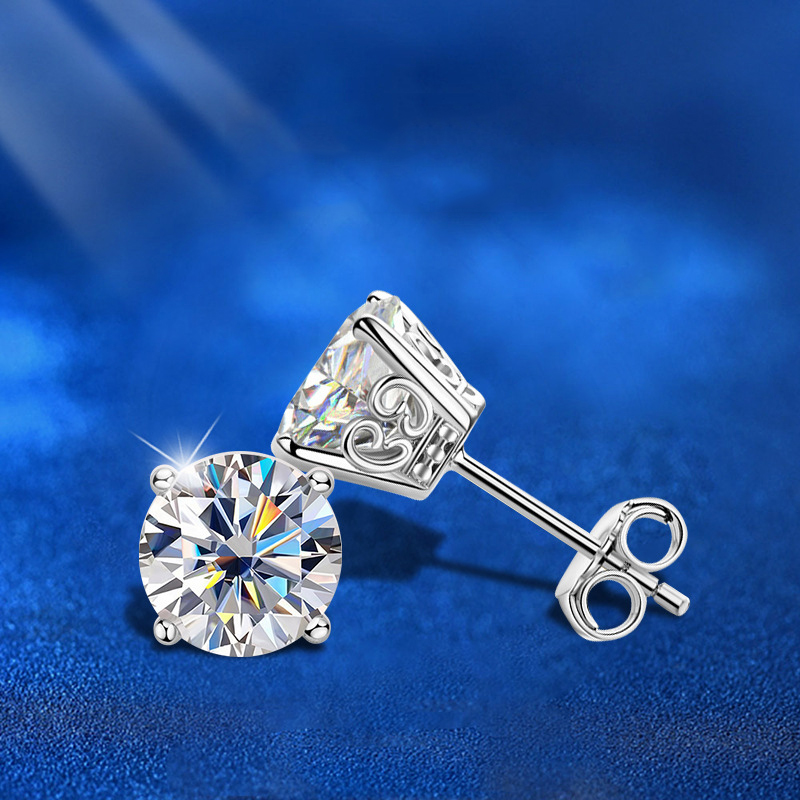 Fashion 2 Carat Moissanite Diamond (white Gold) Silver Diamond Round Earrings