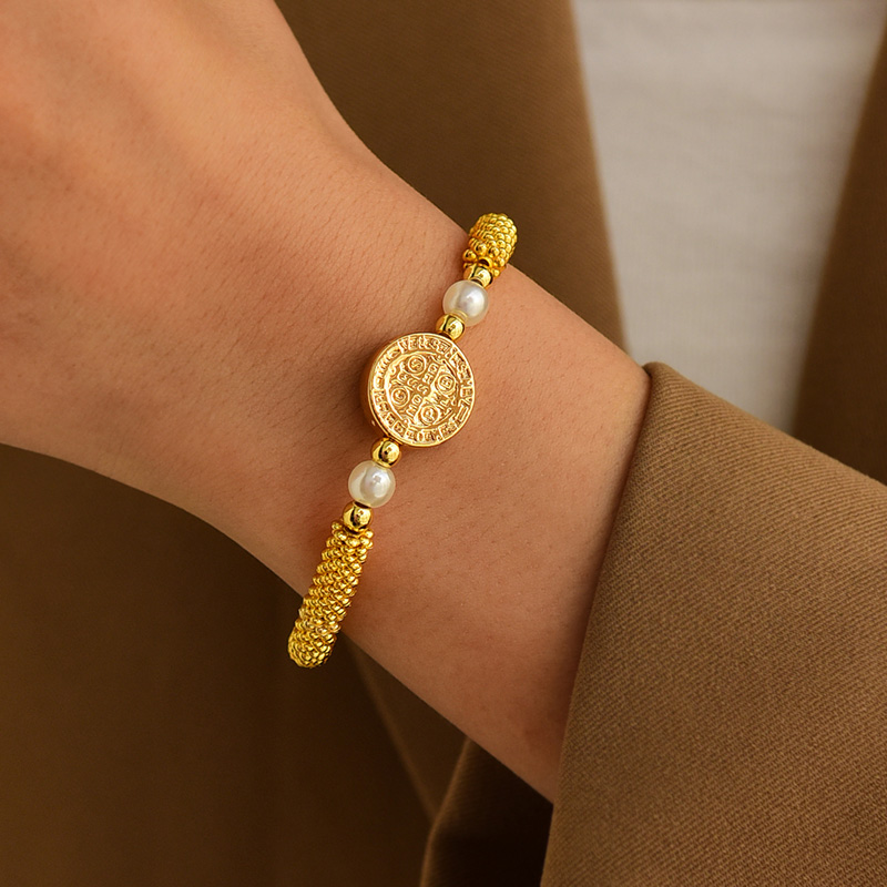 Fashion Gold Copper Round Reversible Figure Beaded Pearl Bracelet