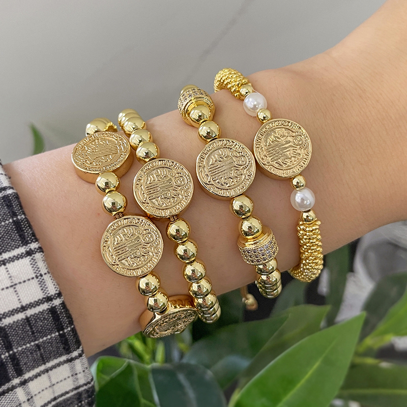 Fashion Golden 1 Copper Round Reversible Figure Beaded Braided Bracelet
