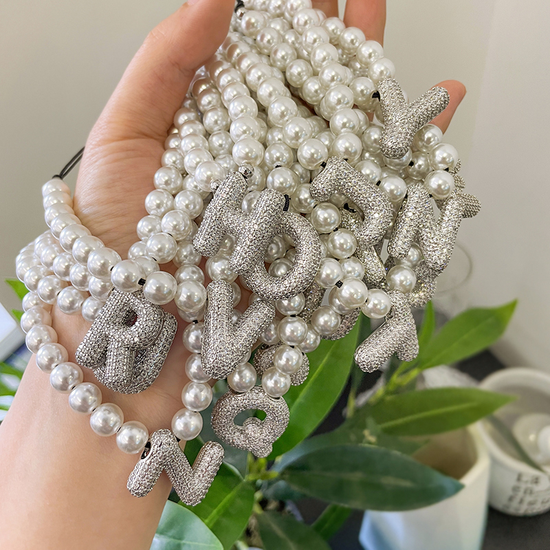 Fashion A Copper Set Zircon 26 Letter Pendant Beaded Pearl Braided Bracelet