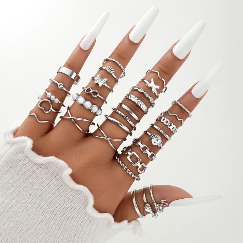 Fashion Silver Alloy Diamond Pearl Snake Butterfly Ring Set