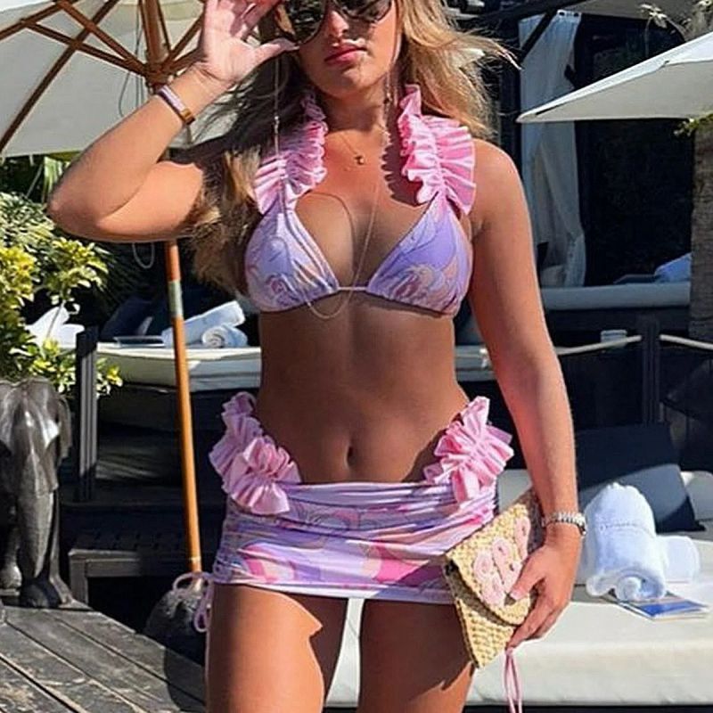 Fashion Purple Nylon Printed Pleated Lace-up Tankini Swimsuit Three-piece Bikini Set