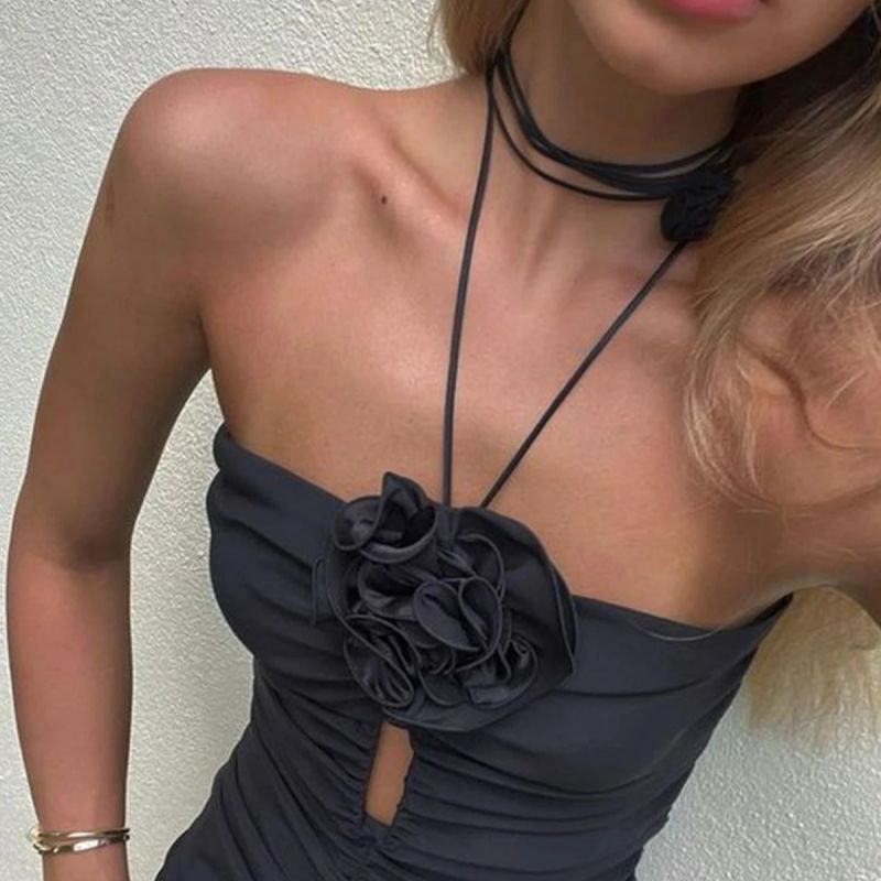 Fashion Black Nylon Flower Halterneck One-piece Swimsuit