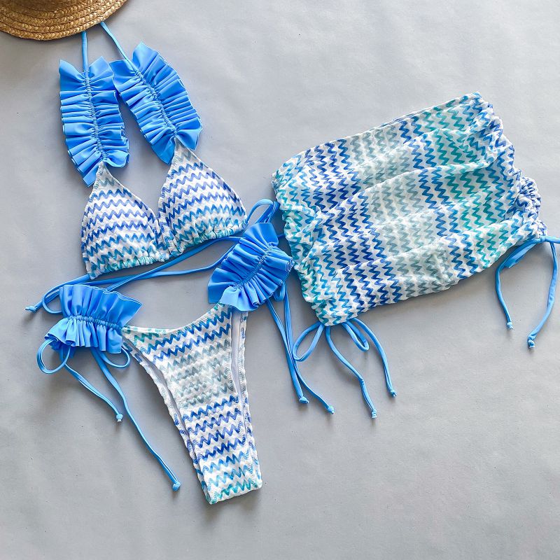Fashion Blue Nylon Pleated Printed Lace-up Three-piece Swimsuit And Bikini Set